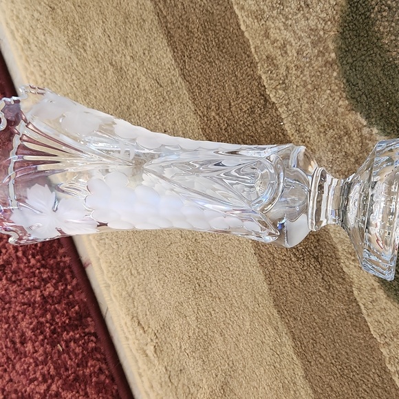Vintage Cut Crystal Vase Etched with Grapes And Leaves Has Sawtooth Edge - Picture 9 of 12